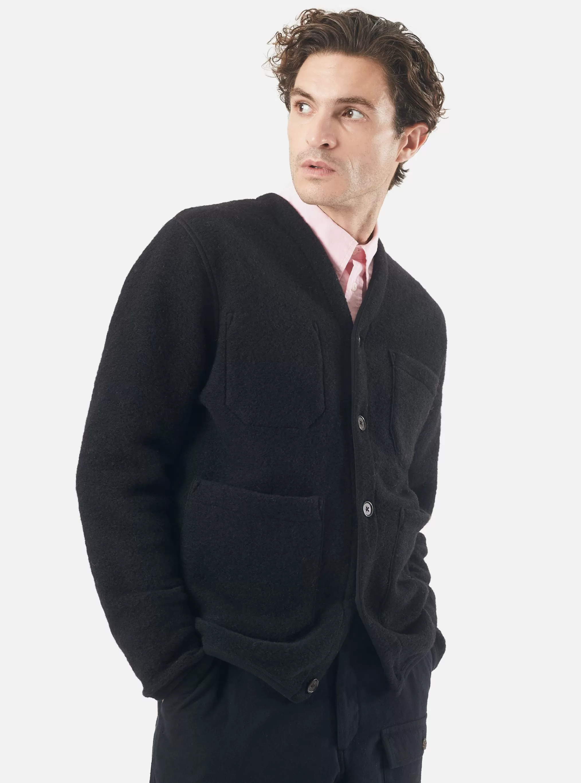 Fleece.^Universal Works Cardigan In Black Wool Fleece