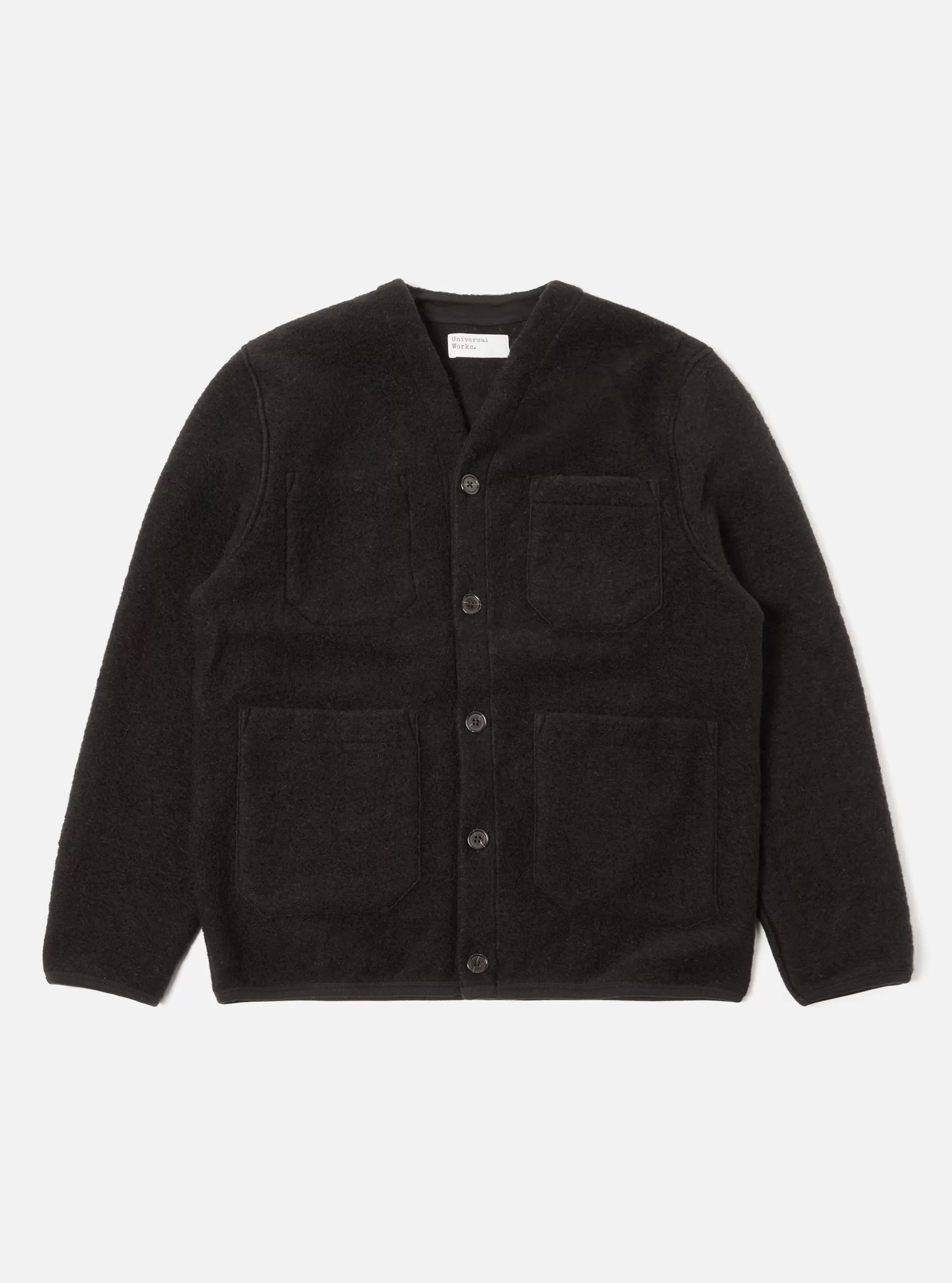 Fleece.^Universal Works Cardigan In Black Wool Fleece