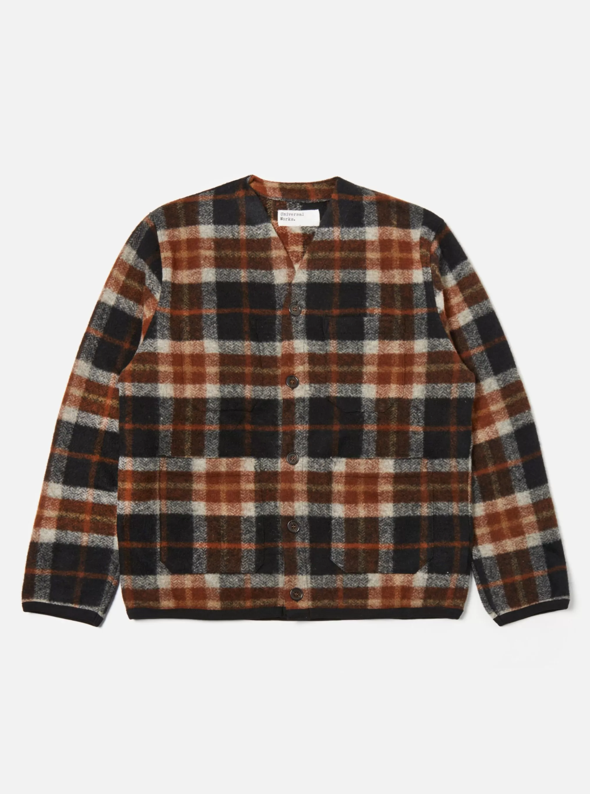 Fleece.^Universal Works Cardigan In Brown British Check Fleece