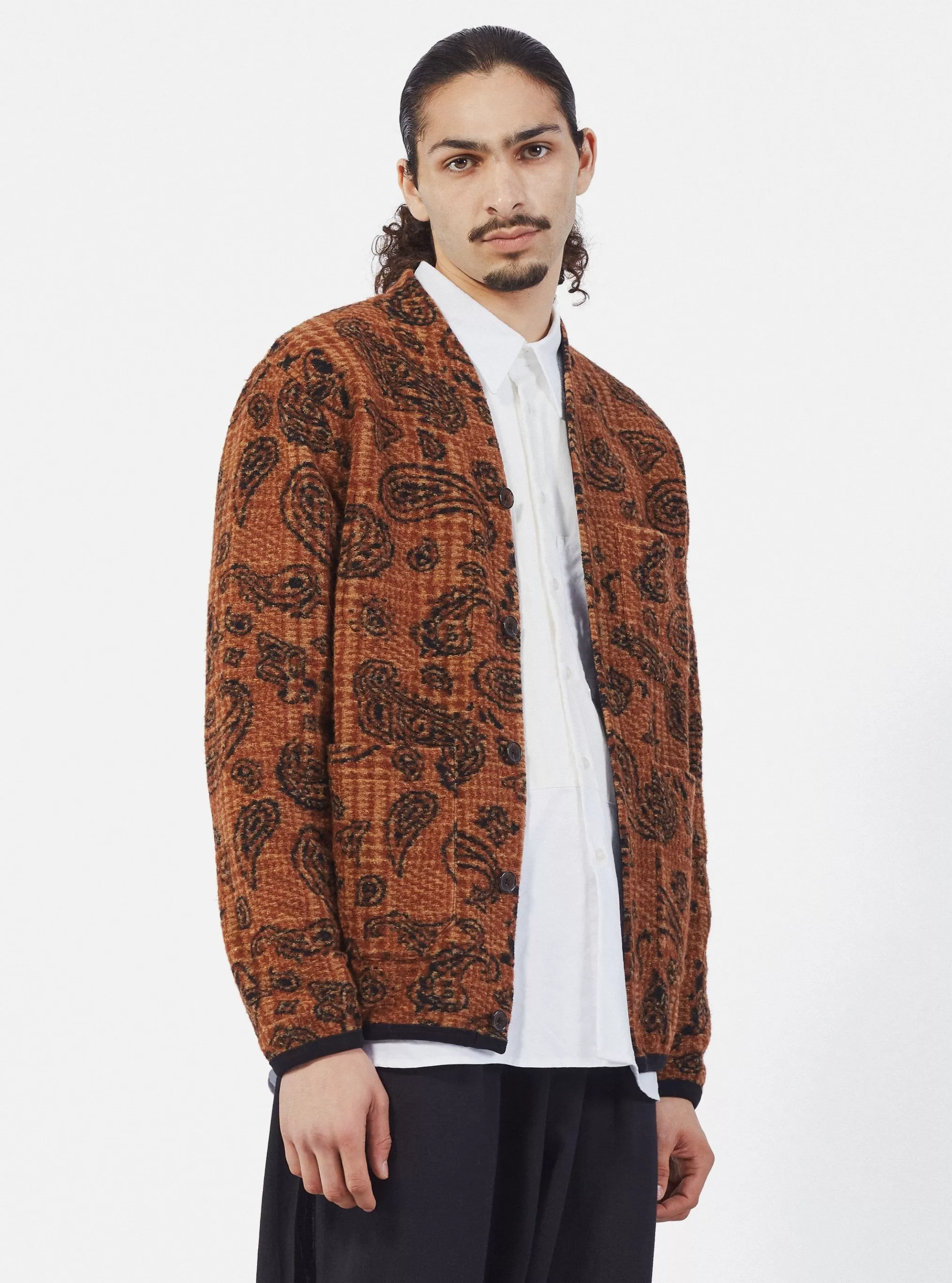 Fleece.^Universal Works Cardigan In Cinnamon Paisley Check Fleece