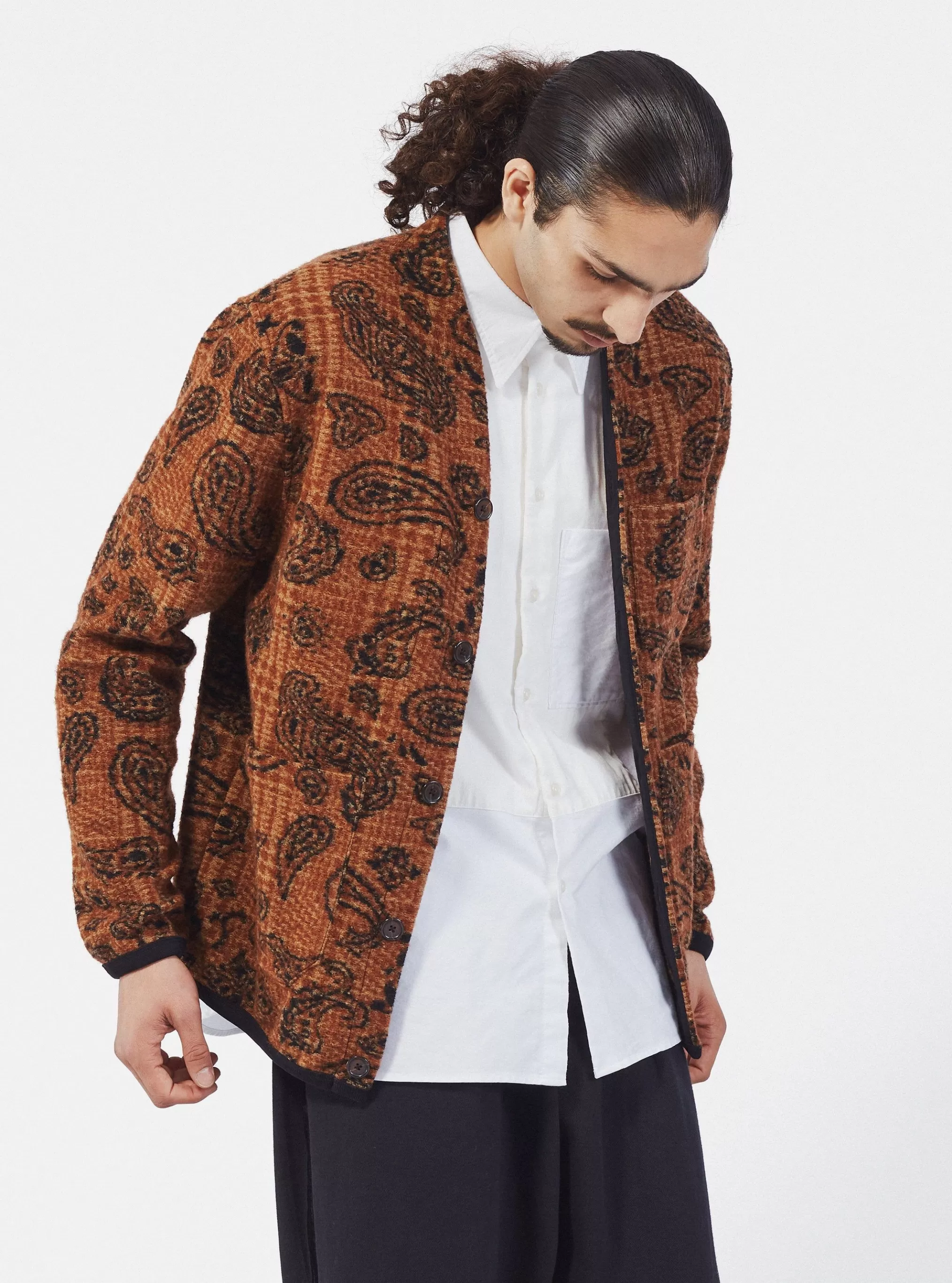 Fleece.^Universal Works Cardigan In Cinnamon Paisley Check Fleece