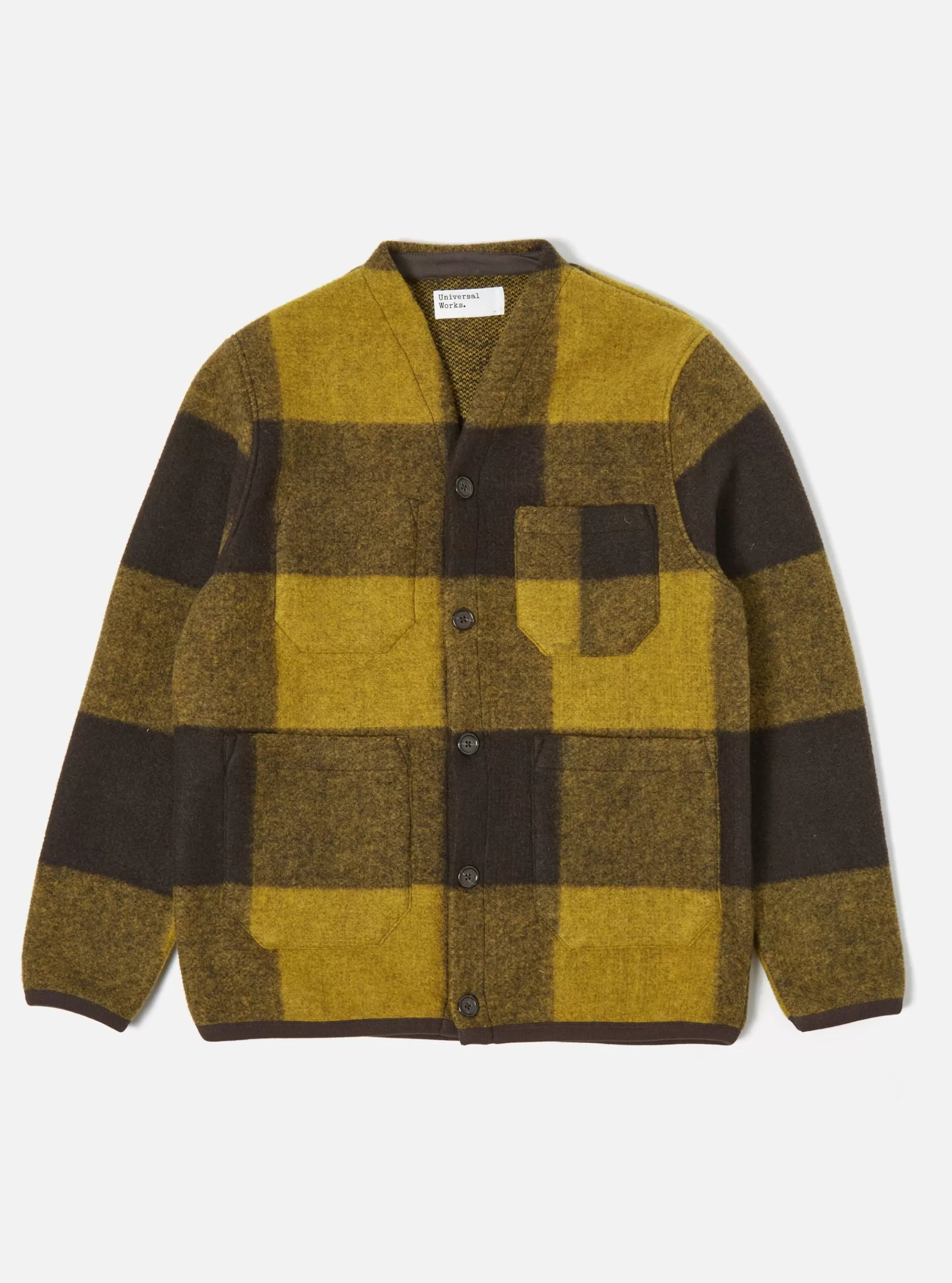 Fleece.^Universal Works Cardigan In Mustard/Brown Studio Check Fleece