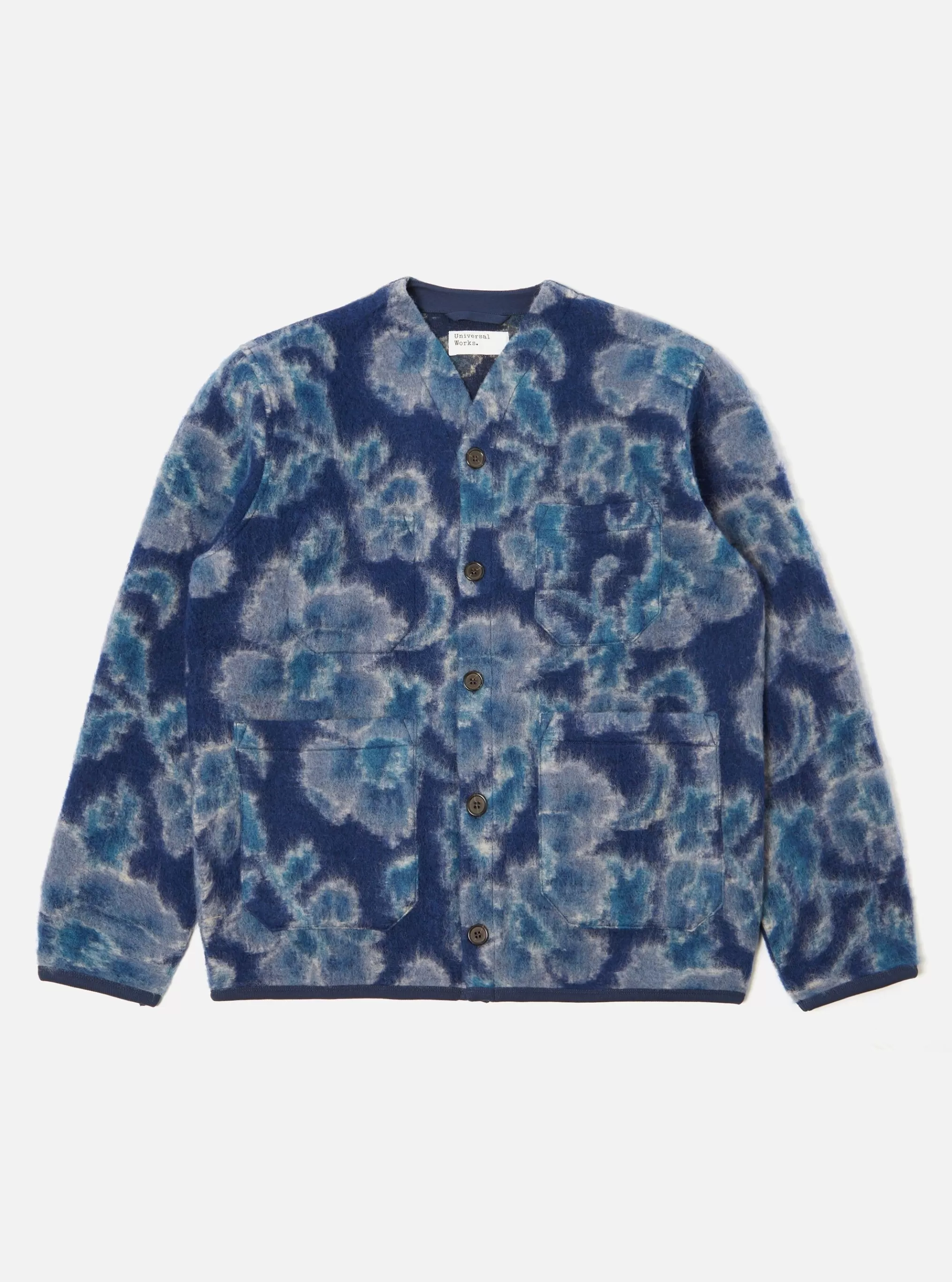 Fleece.^Universal Works Cardigan In Navy Flower Fleece