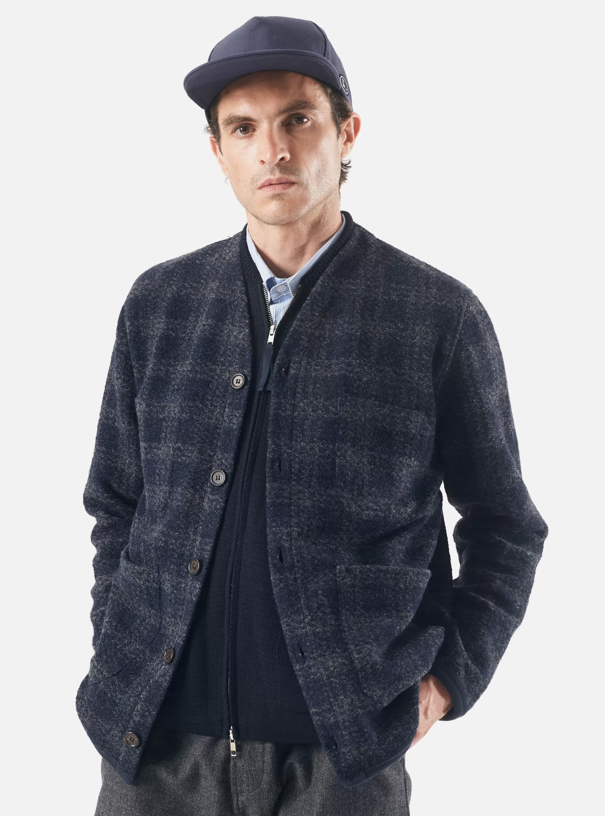 Fleece.^Universal Works Cardigan In Navy Swarm Fleece