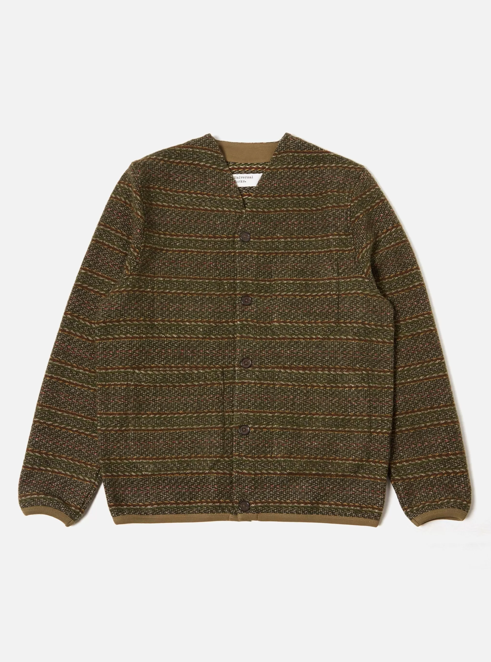 Fleece.^Universal Works Cardigan In Olive Rug Stripe