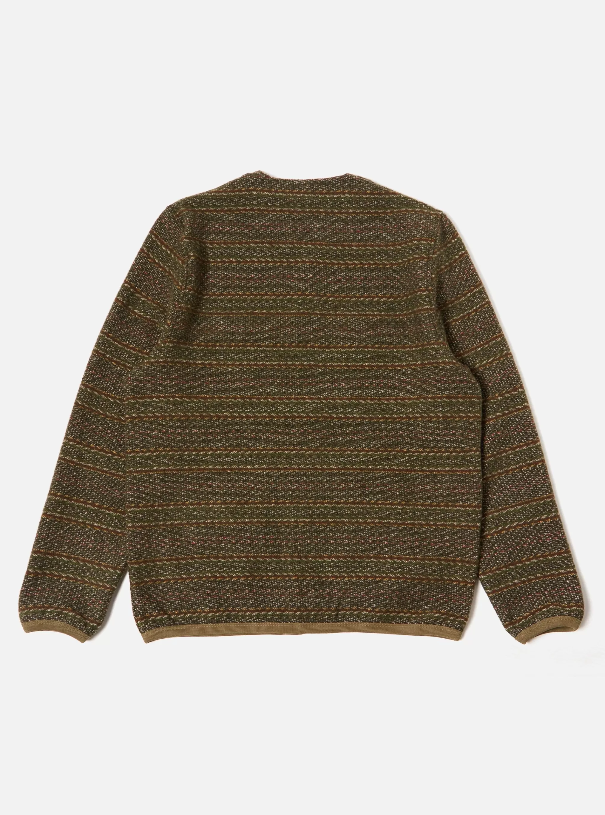 Fleece.^Universal Works Cardigan In Olive Rug Stripe