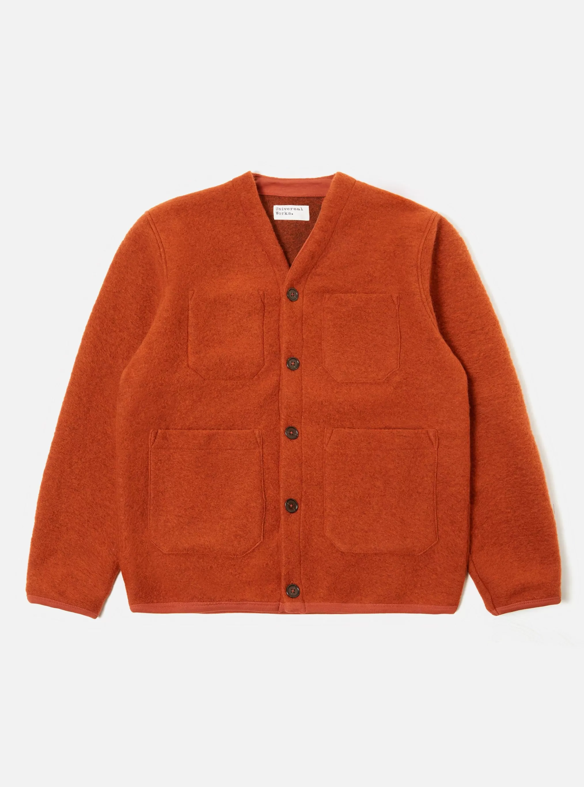 Fleece.^Universal Works Cardigan In Orange Wool Fleece