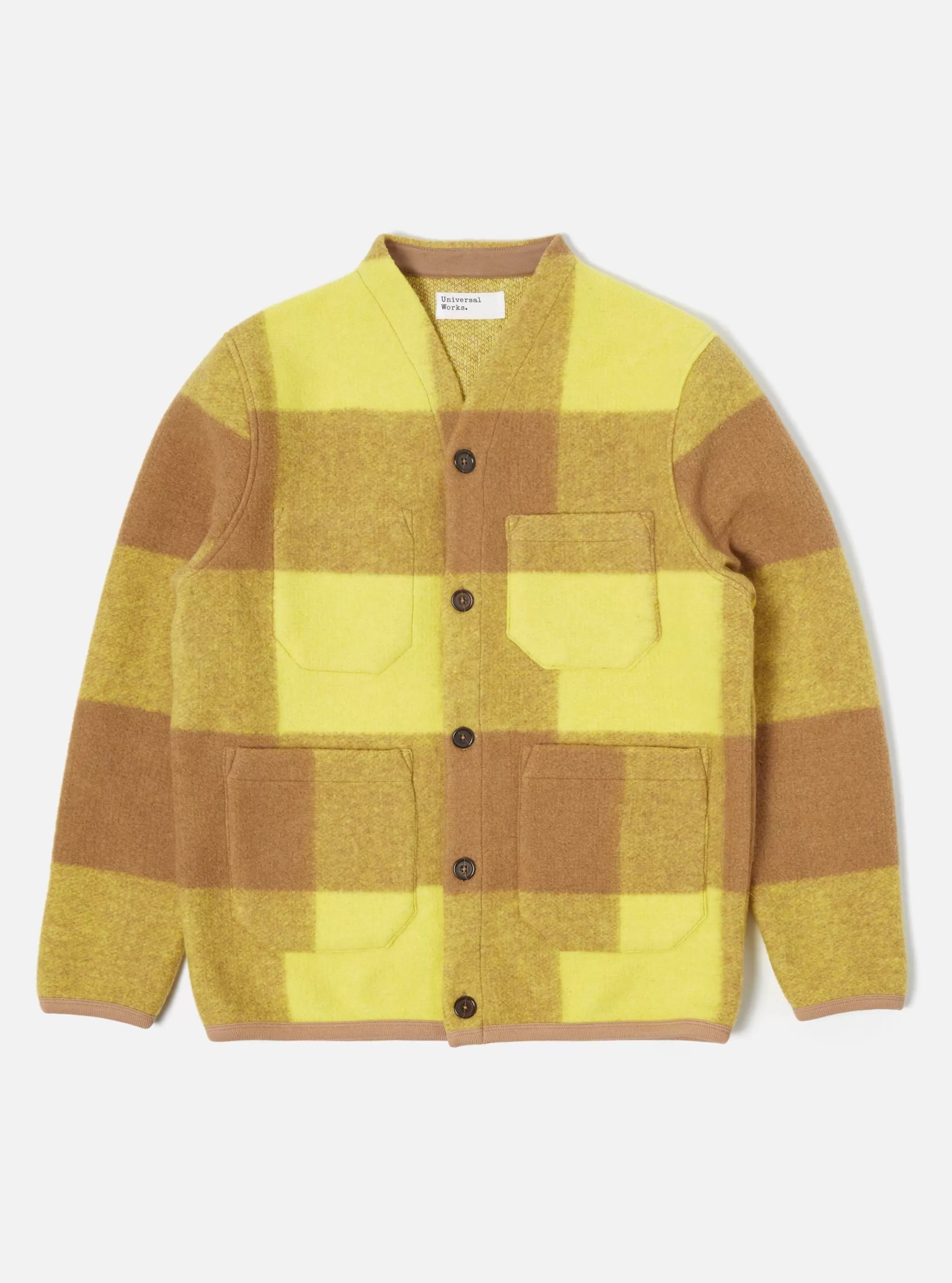 Fleece.^Universal Works Cardigan In Sand/Yellow Studio Check Fleece