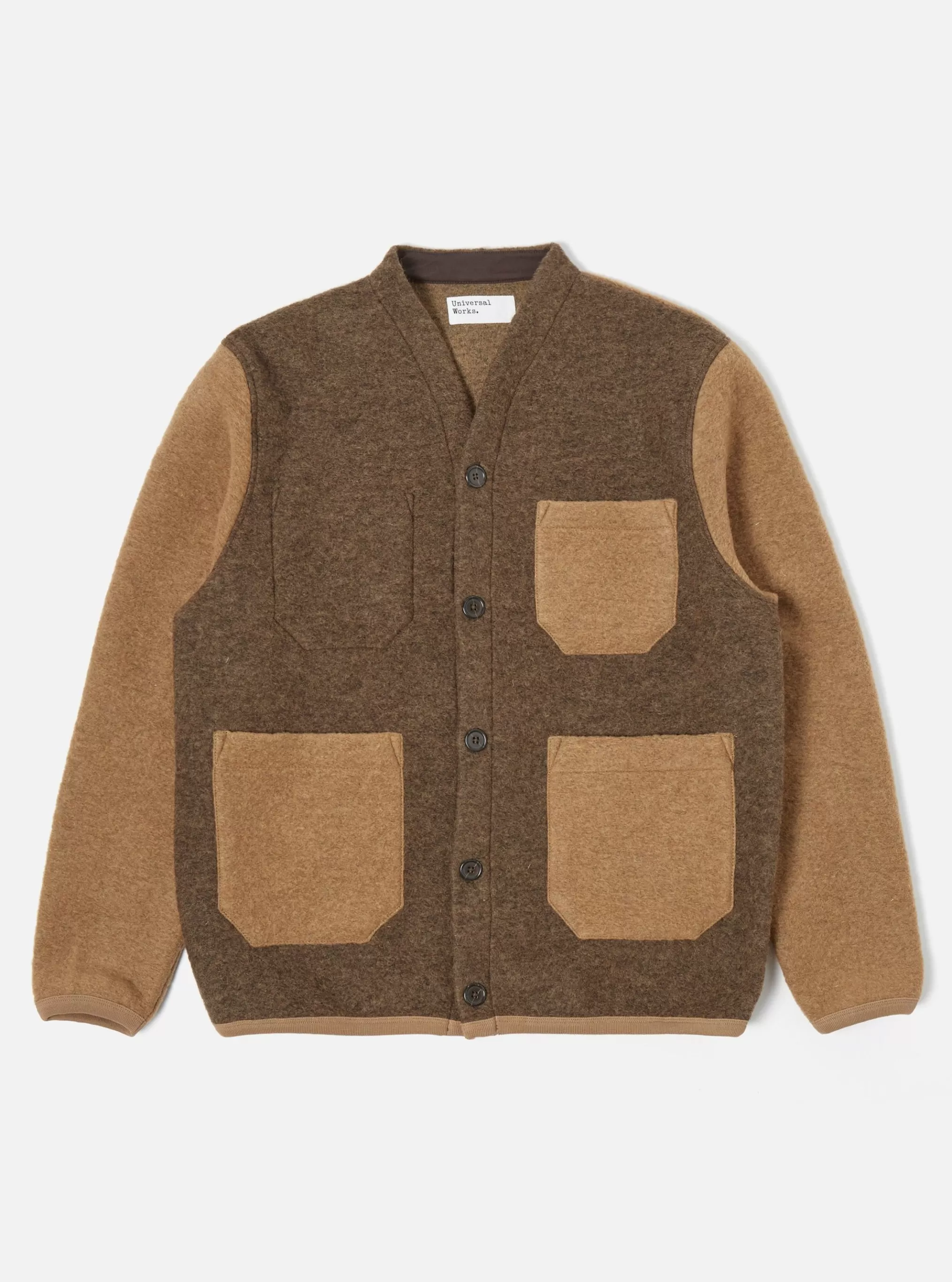 Fleece.^Universal Works Cardigan In Taupe/Brown Wool Fleece