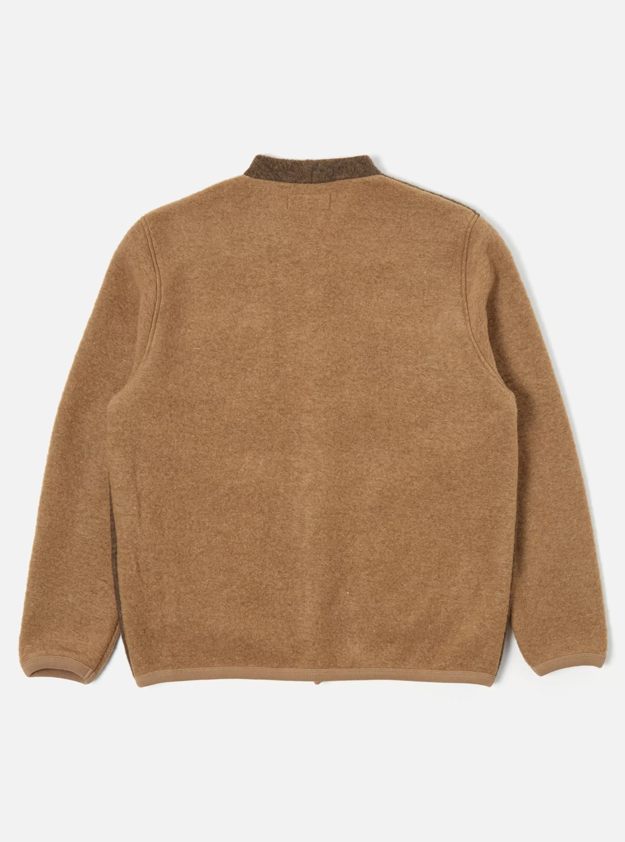 Fleece.^Universal Works Cardigan In Taupe/Brown Wool Fleece