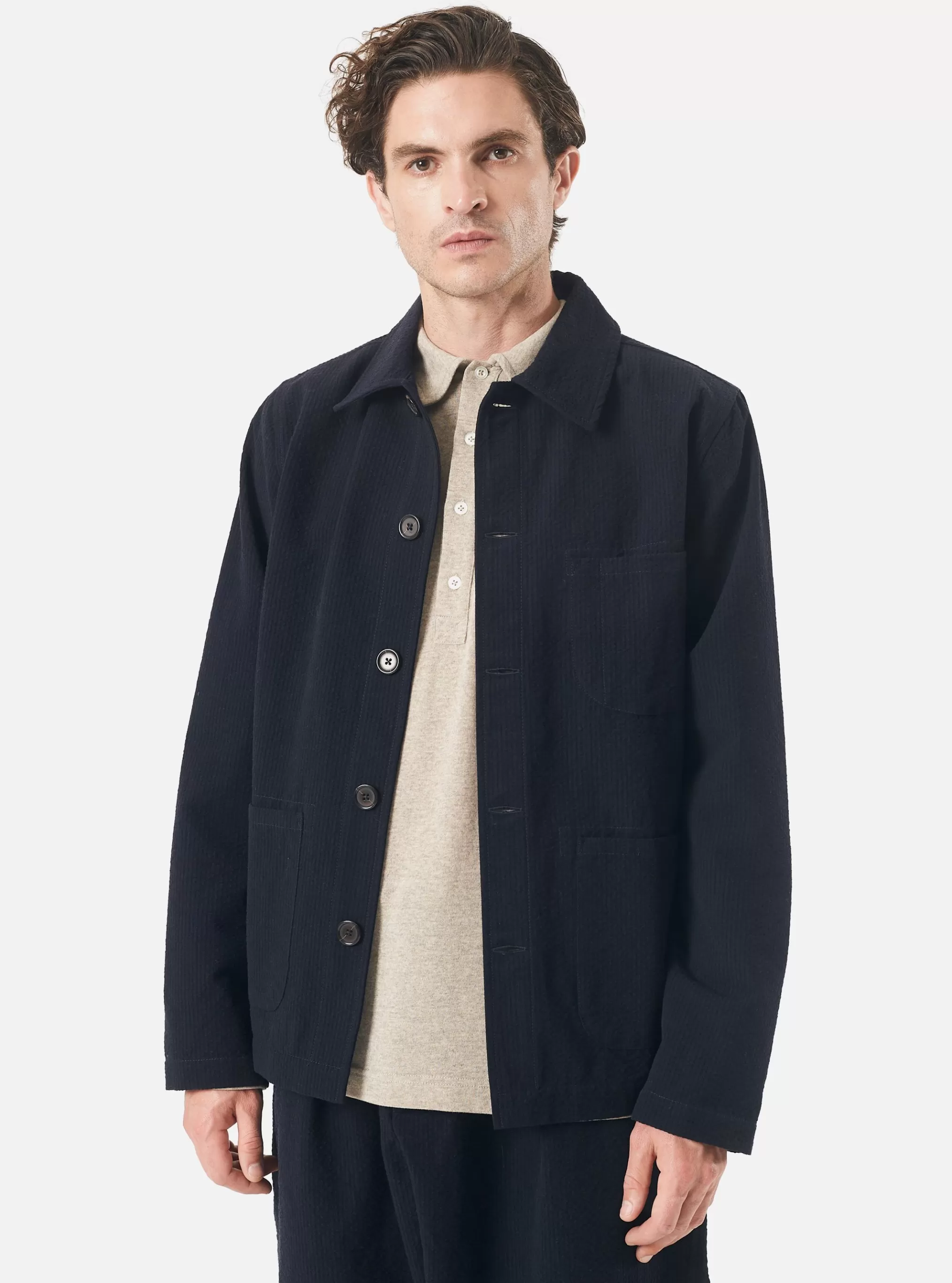 Jackets.^Universal Works Field Jacket In Navy Wool/Cotton Seersucker