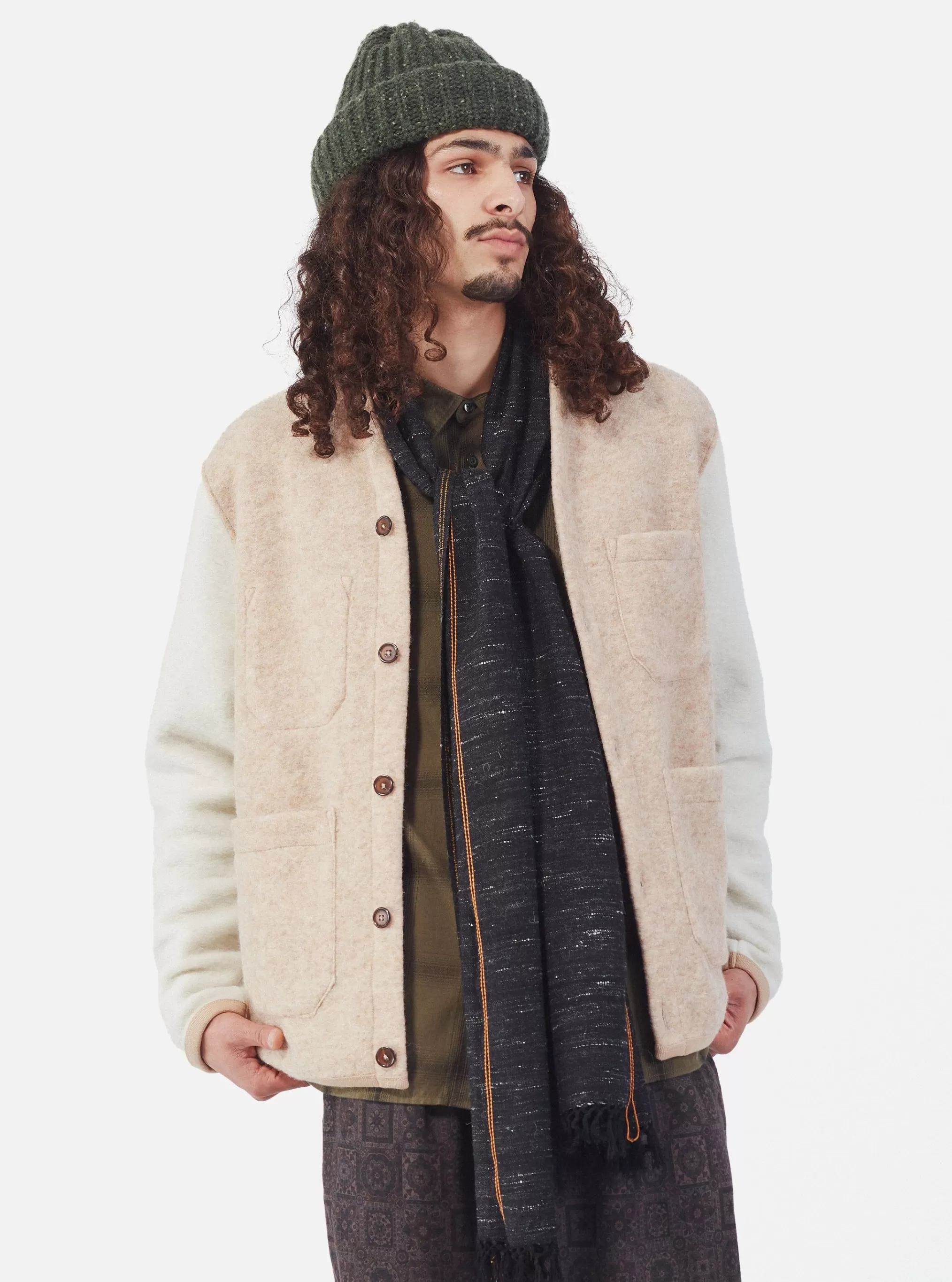 Fleece.^Universal Works Mixed Cardigan In Stone/Ecru Wool Fleece