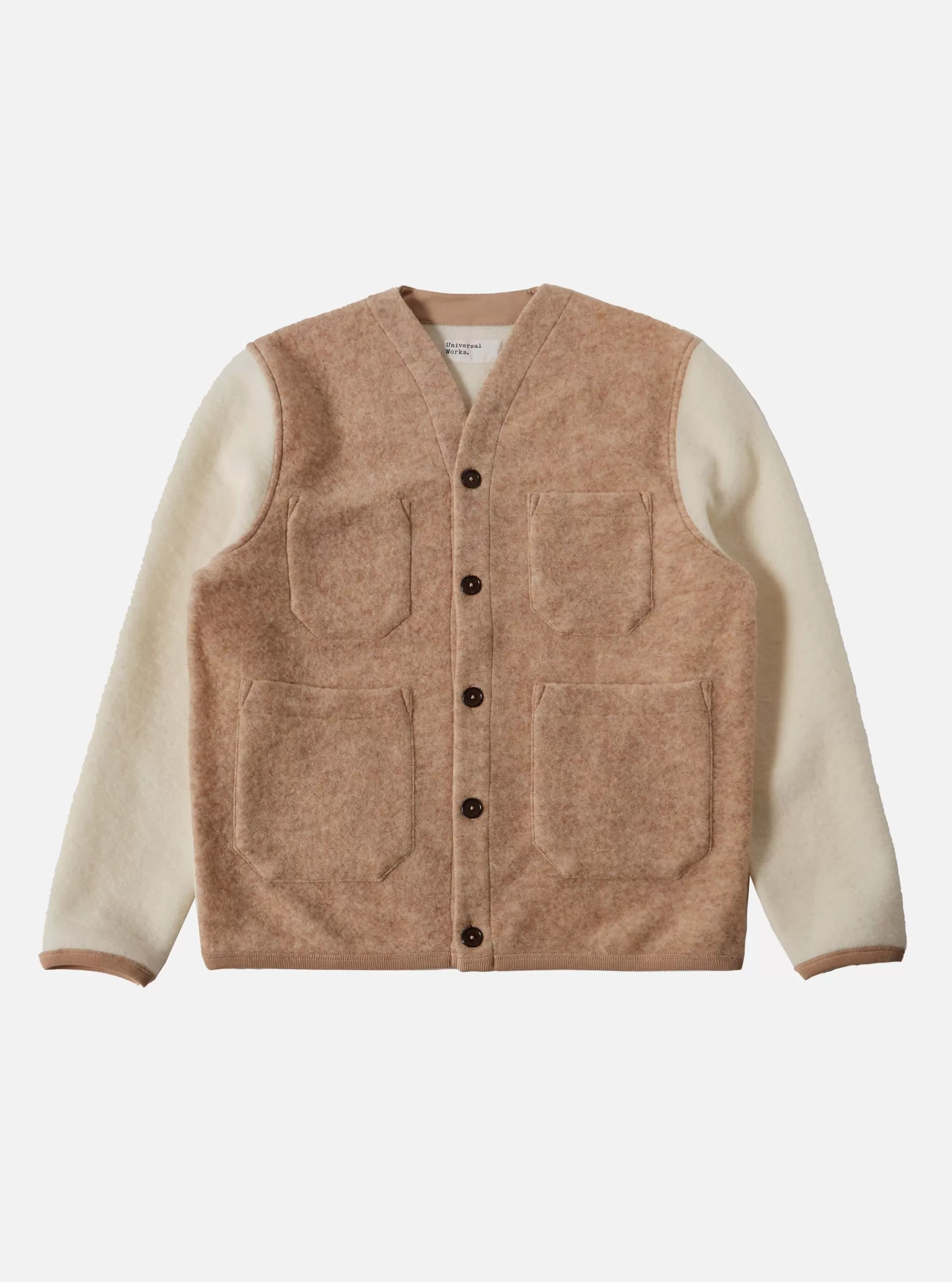 Fleece.^Universal Works Mixed Cardigan In Stone/Ecru Wool Fleece