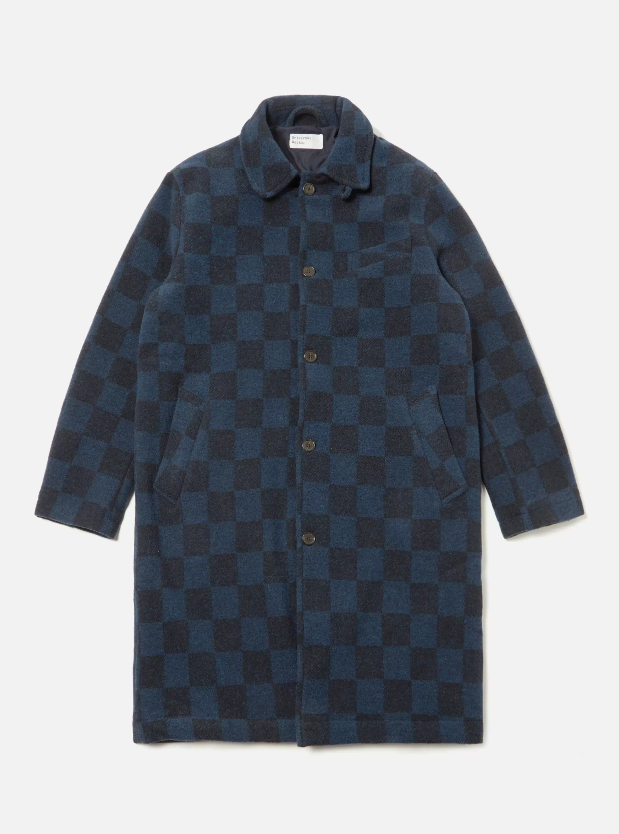 Coats & Outerwear.^Universal Works Overcoat In Navy Checkerboard Lambswool