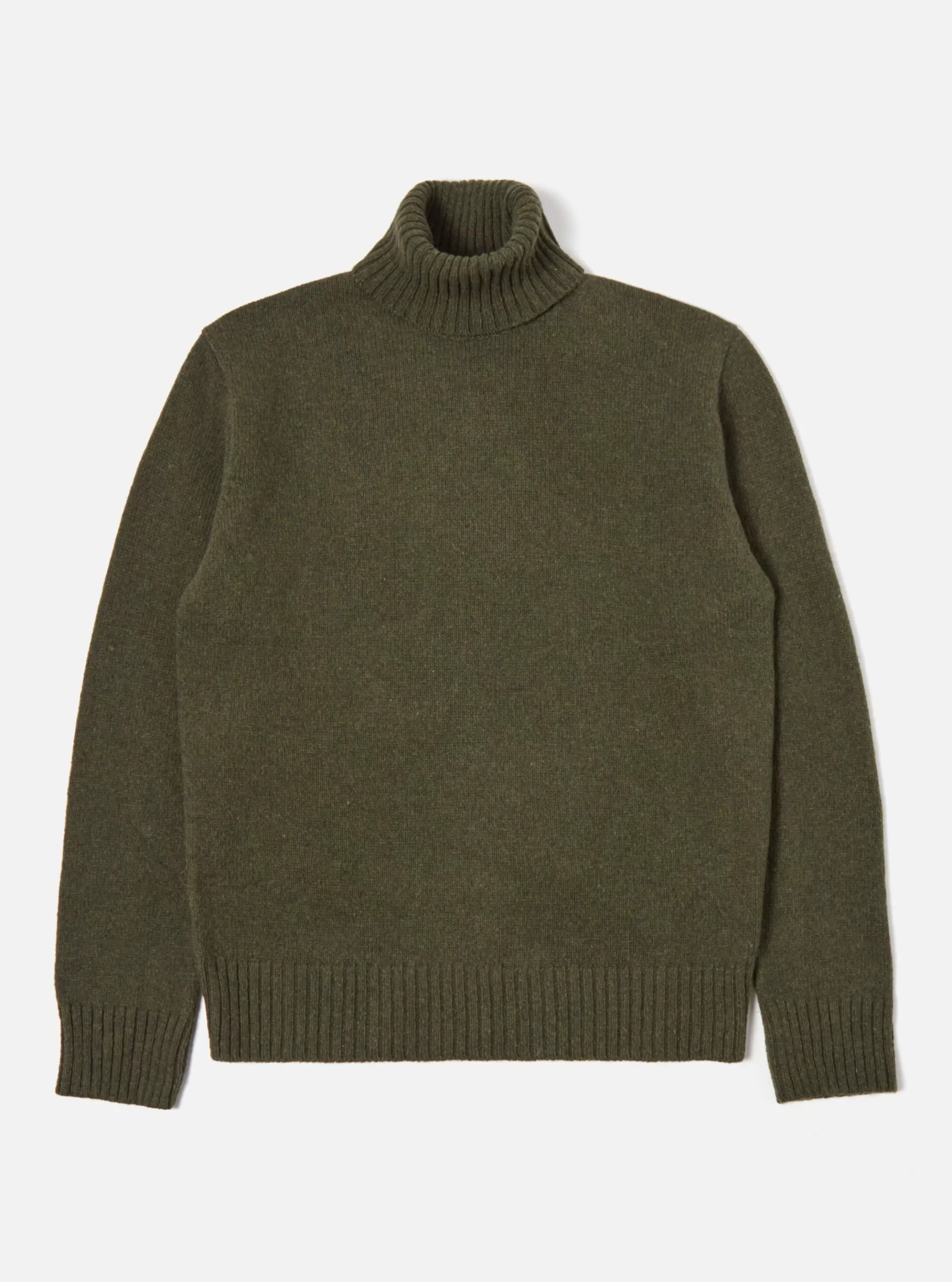 Knitwear.^Universal Works Roll Neck In Olive Eco Wool