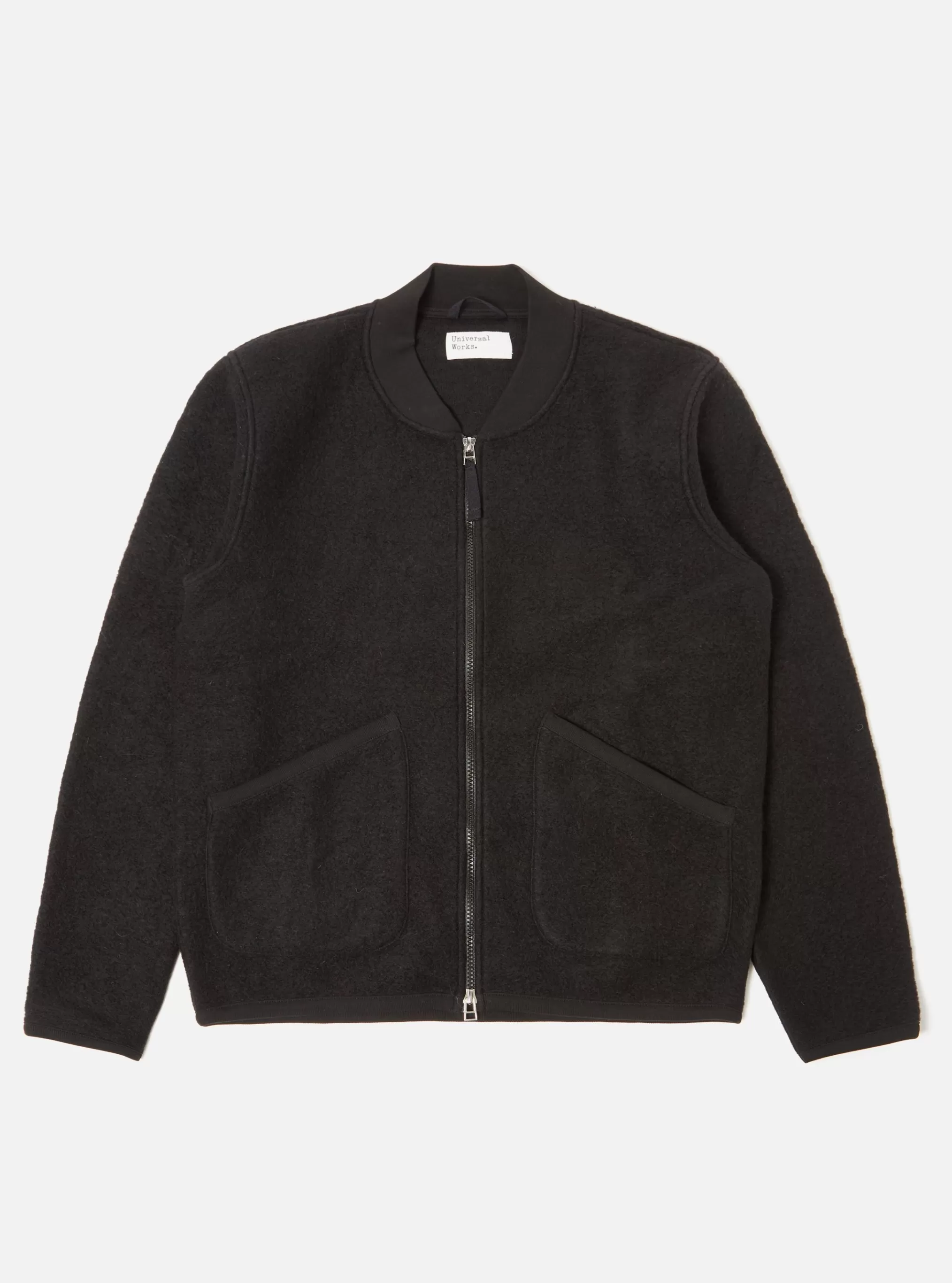 Fleece.^Universal Works Zip Bomber In Black Wool Fleece