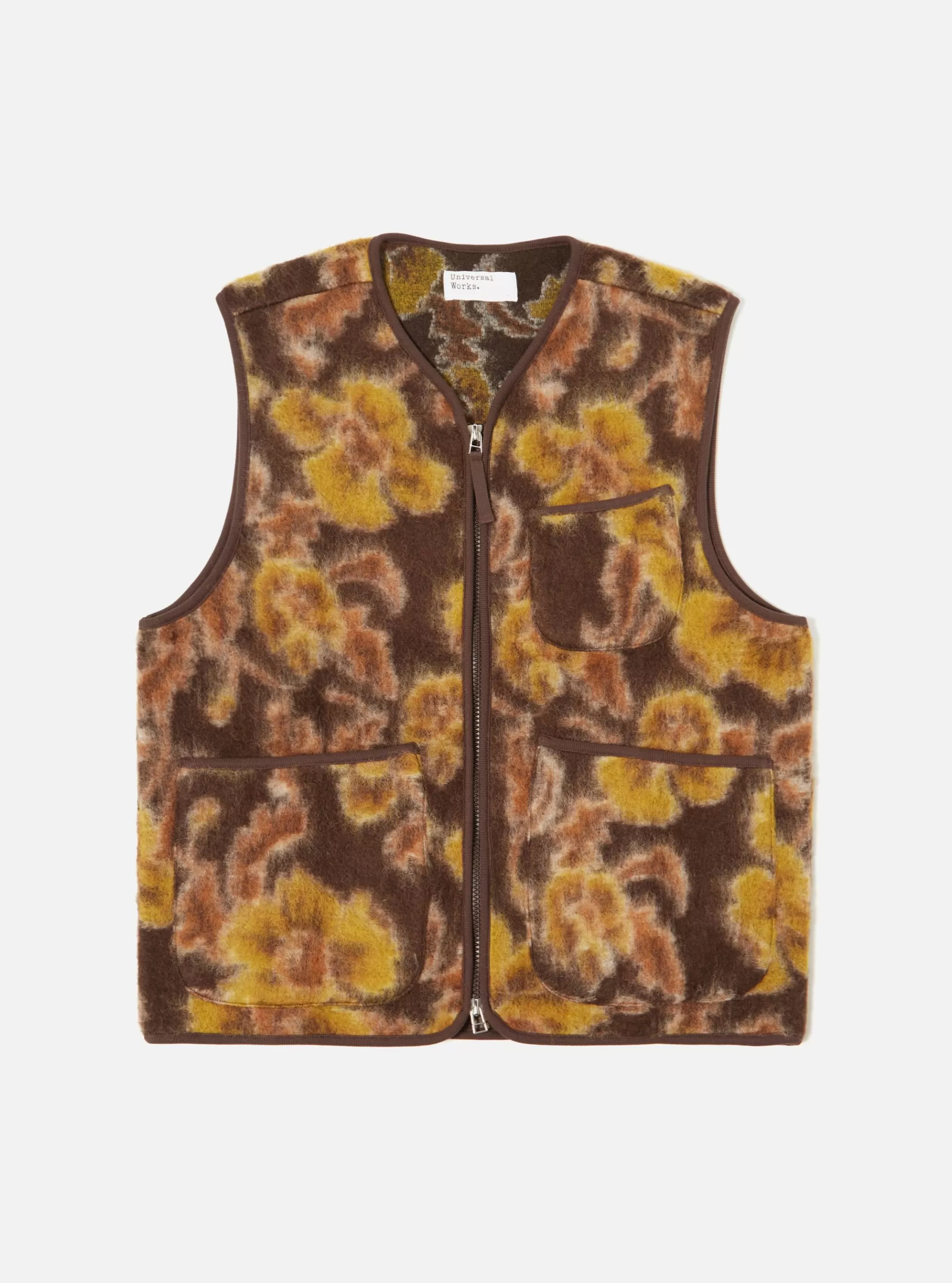 Fleece.^Universal Works Zip Gilet In Brown Flower Fleece