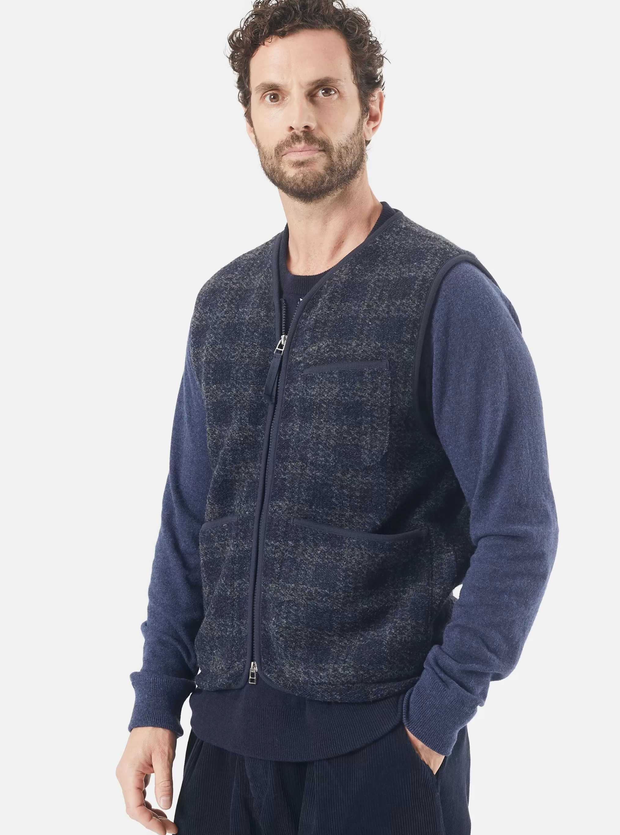 Fleece.^Universal Works Zip Gilet In Navy Swarm Fleece