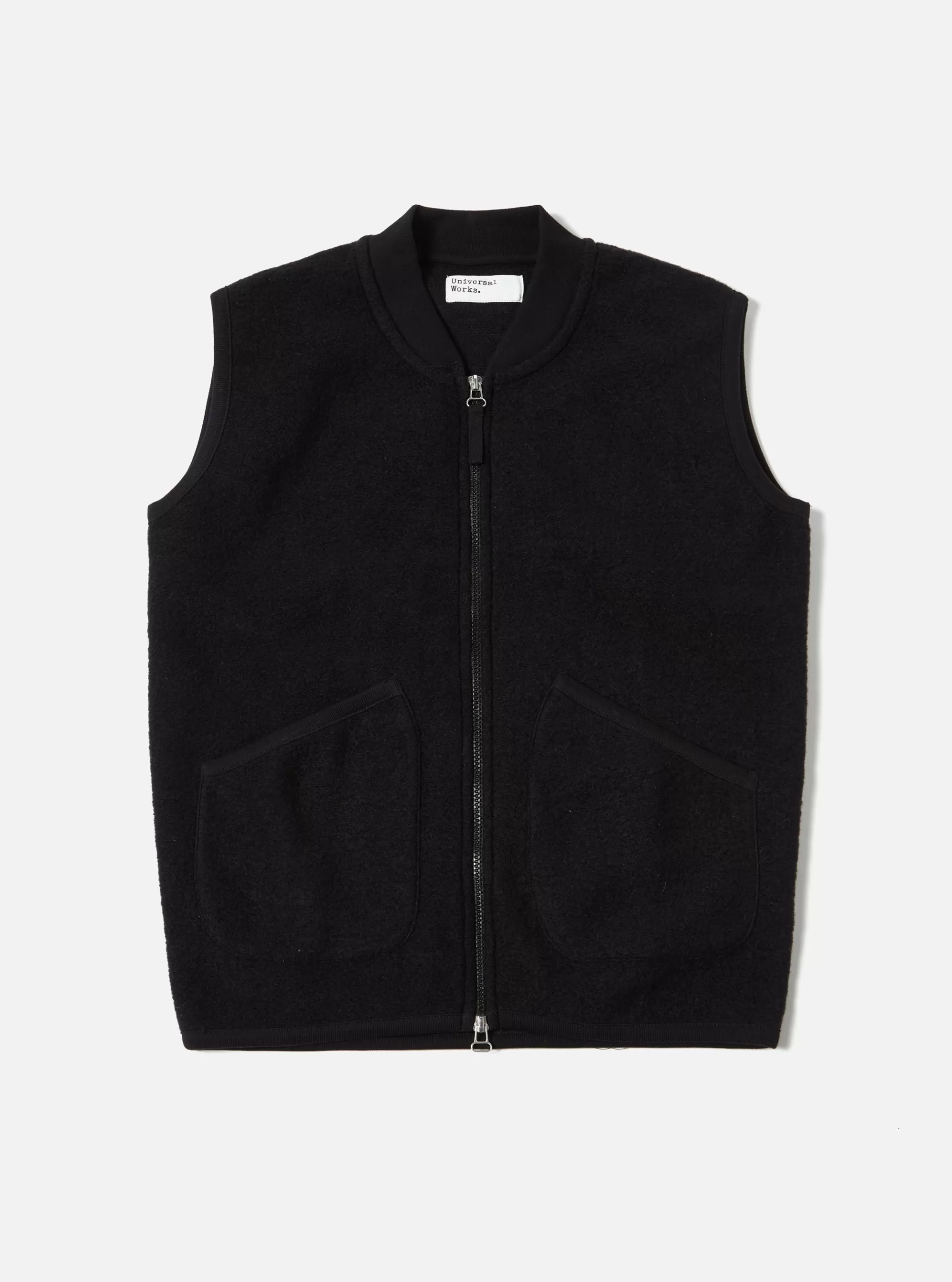 Fleece.^Universal Works Zip Waistcoat In Black Wool Fleece