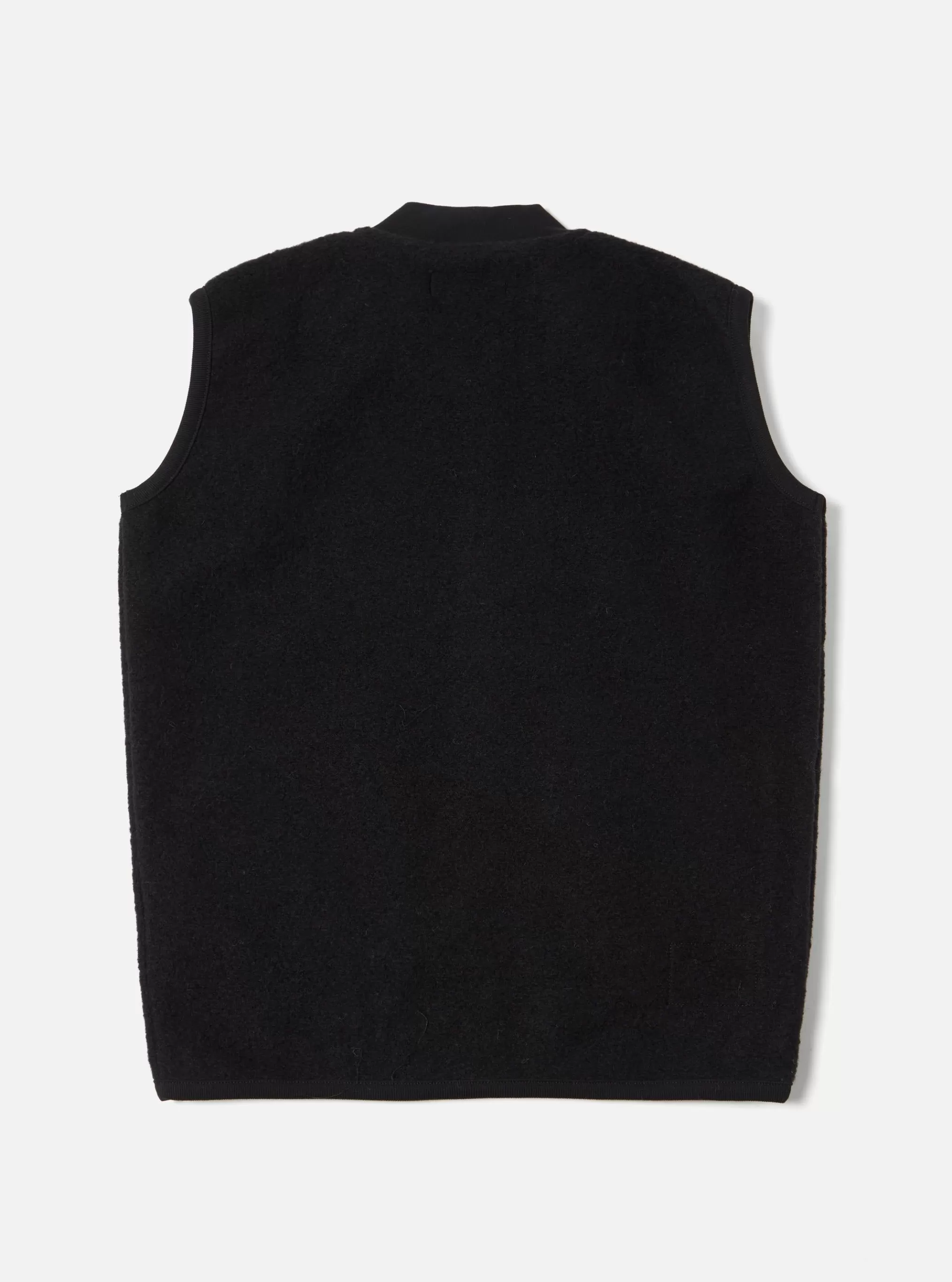 Fleece.^Universal Works Zip Waistcoat In Black Wool Fleece