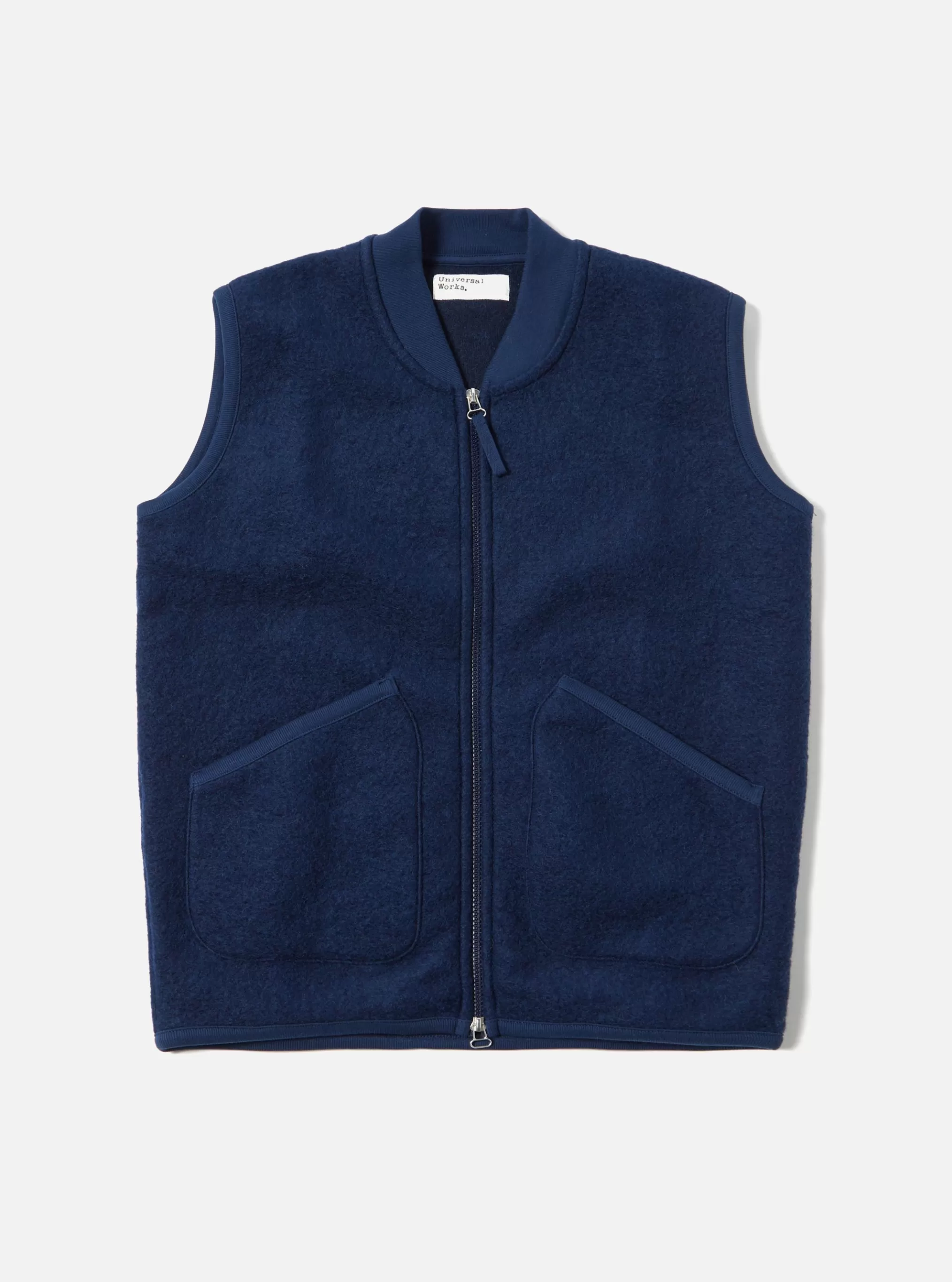 Fleece.^Universal Works Zip Waistcoat In Indigo Wool Fleece